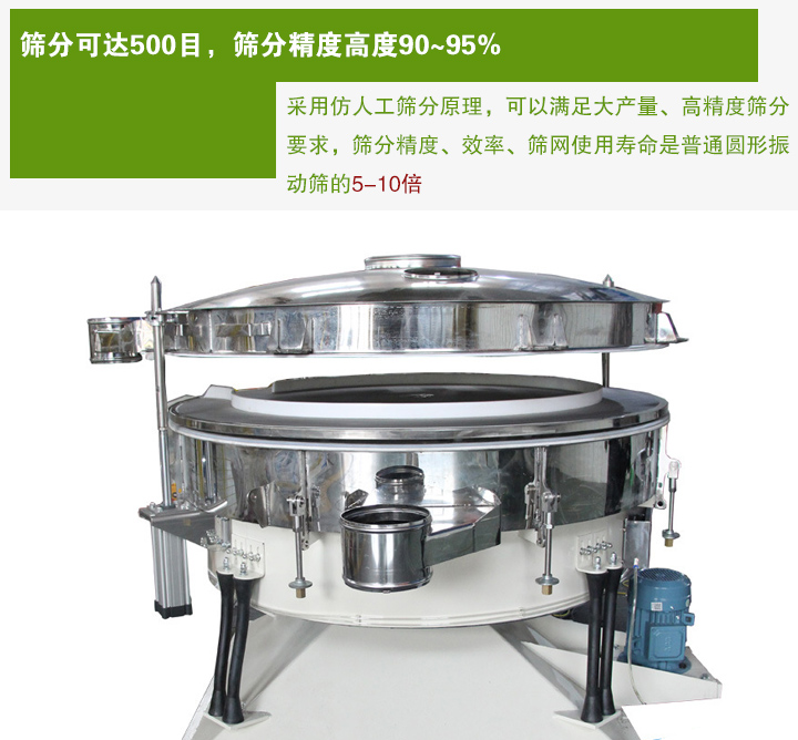 搖擺篩分機(jī)采用仿人工篩分原理，可以滿足大產(chǎn)量、高精度篩分 要求，篩分精度、效率、篩網(wǎng)使用壽命是普通圓形振 動篩的5-10倍