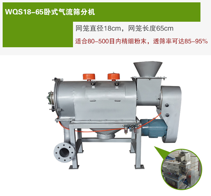 WQS18-65臥式氣流篩分機(jī)網(wǎng)籠直徑為18cm，網(wǎng)籠長(zhǎng)度為65cm
